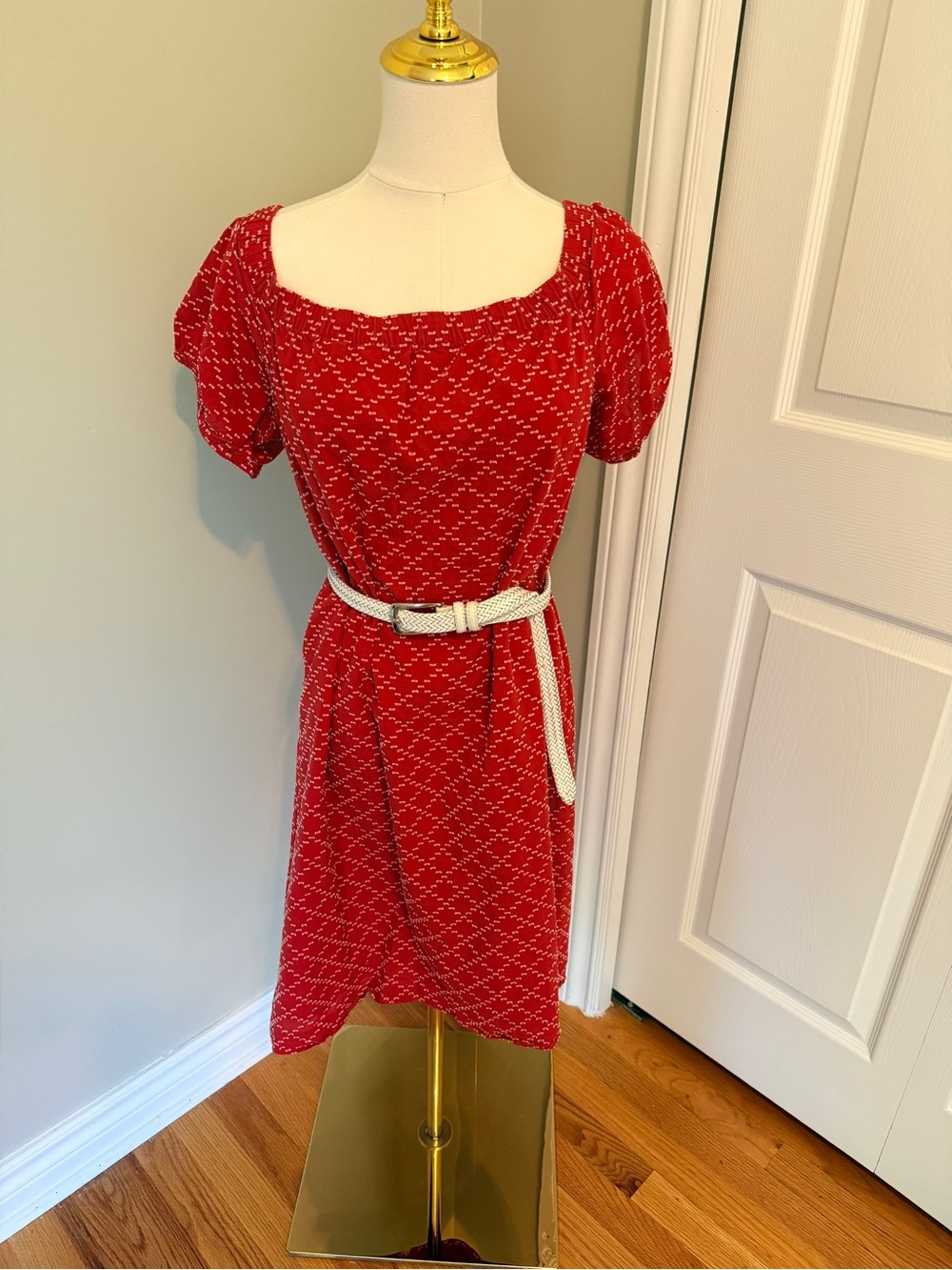 Ann Taylor Red Short Sleeve Square Neck Midi Dress